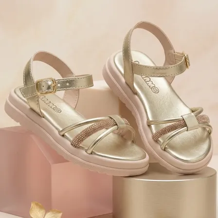 Sandália Infantil Menina Kimimo Confortável Moda Verão Bronze Strass 29