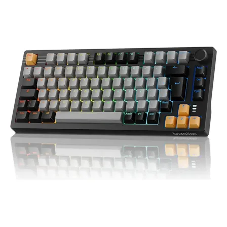 Teclado Mecânico Gamer Sem Fio Basike Abnt2 RGB, 75% 82 Teclas Bluetooth/Wireless/USB, Anti Ghosting Usb Teclado com Knob Programável para Pc Notebook Mac Ps4, Preto