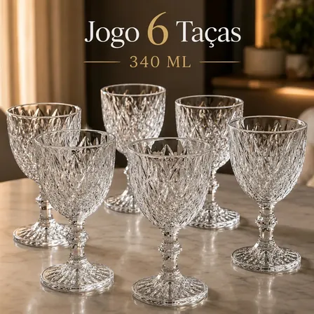 Jogo 6 Taças De Vidro Diamond 340 ml Com Pé Lapidadas Transparentes Textura Diamante Em Relevo Para Vinho Água Suco Espumante Champanhe Gin E Drinks Kit Conjunto Cálice De Vidro Lapidado 6 Unidades