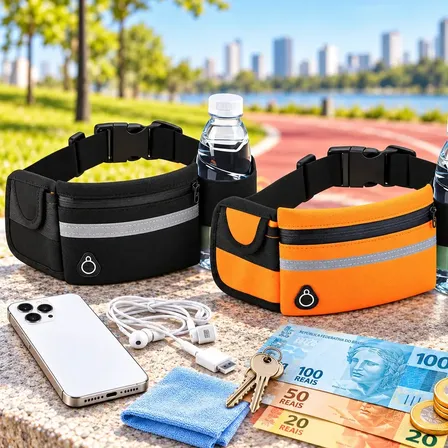 Kit 2 Pochetes Esportiva Impermeável Celular Acessórios Academia Treino Corrida Caminhada Moderna Bolsa Transversal Cintura Moda Blogueira Marca Lemon Shark Cor Preta E Laranja