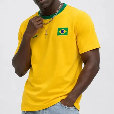 Camisa Brasileira Masculina Manga Curta Gola Redonda Brasil Amarelo Estampado Gg