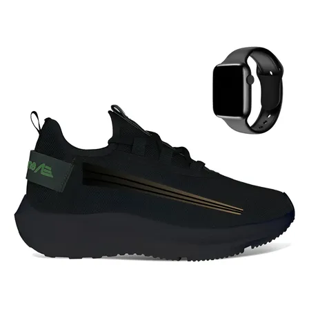 Tênis Masculino Treino Academia Caminhada + Relógio Digital Preto/dourado 41
