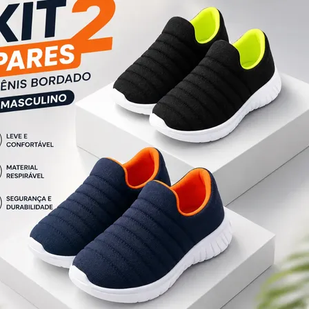 Kit 2 Pares Tênis Infantil Bordado Confortável Calce Facil Azul/laranja Preto/verde Liso 27 Br