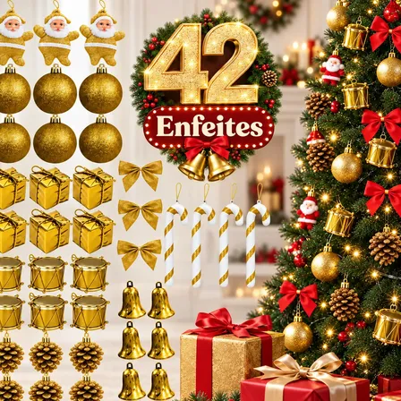 Kit 42 Enfeites Decoração De Natal Árvore Papai Noel 3 Cores Dourado