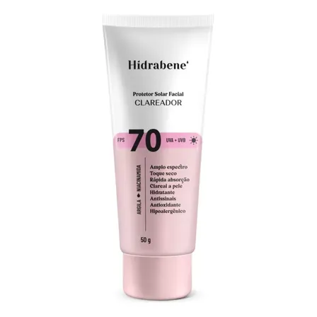 Hidrabene Protetor facial Solar FPS 70 Toque Seco Antissinais Clareia a pele 50g