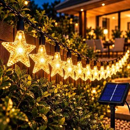 Cordão Solar Natal 20 Luzes 3 Metros Com Funções Decorativo Estrela Branco Quente Energia Solar