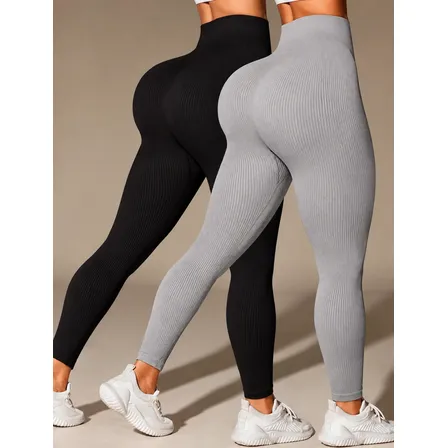 Kit 2 Calças Legging Canelada Feminina Academia Sem Costura Cinza E Preto Canelado Unico 36-42