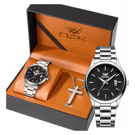Opk Original Conjunto De Relógio E Colares Masculino 6010 Prateado Preto