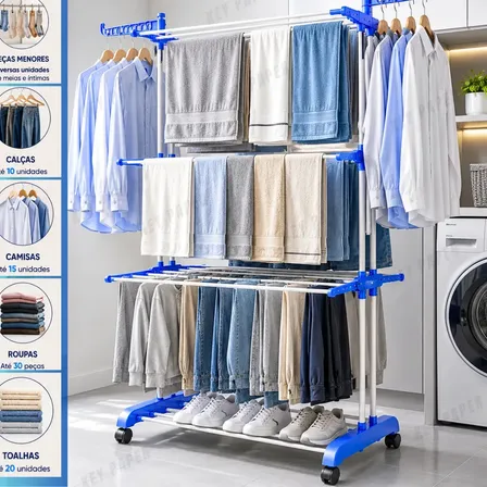 Varal De Chão Grande 3 Andares Retrátil Dobrável Com Rodinhas Roupas Lavanderia Compacto Portátil Cor Azul MARCA: KEY PAPER