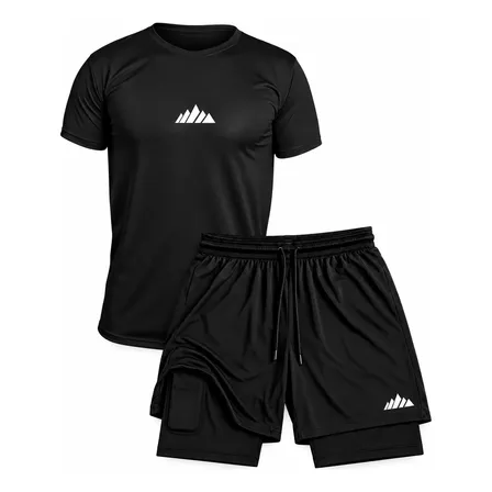 Conjunto Academia Dryfit Short 2 Em 1 + Camiseta Bermuda Kit Preto Mont Gg