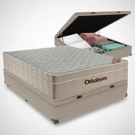 Cama box baú Ortobom Airtech Springpocket casal colchão bege