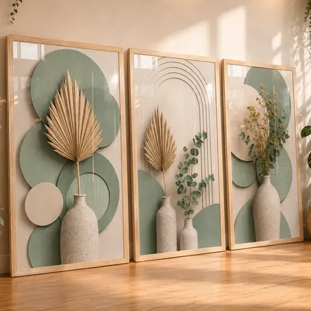 Quadros Decorativos Sala Folha Verde Bege Neutro Boho 122x60 Carvalho