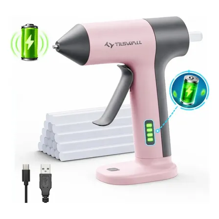 Tilswall Pistola de cola quente sem fio bateria 2000mAh, pré-aquecimento rápido 30s, desligamento automático 5min, bico anti-gotejamento. Acompanha 20 bastões de cola para artesanatos e reparos