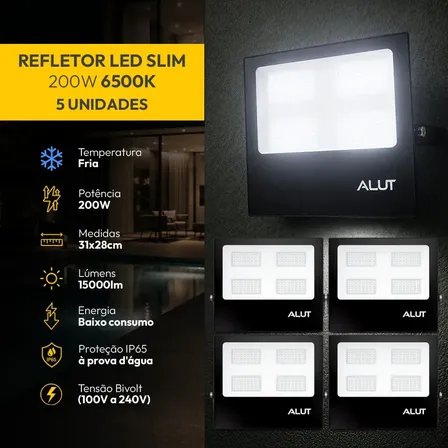 Kit 5 Refletor Led Slim Externo 200w 6500k Branco Frio Ip66 110v/220v Bivolt Preto Cod: ALUT000702-5 Alut By Avant