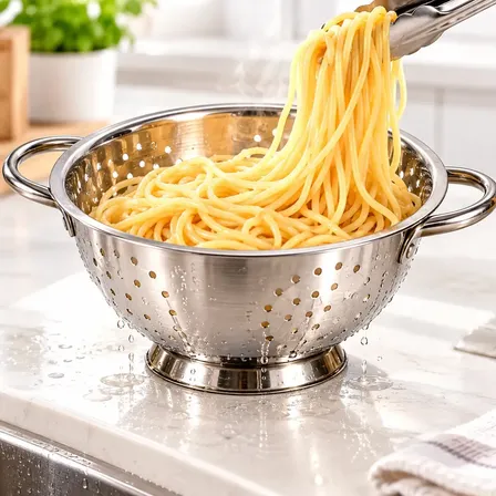 Escorredor de Macarrão Massas Inox 304 24cm com Alças Base Elevada Passador de Massa Frutas Verduras Legumes Alimentos Cozinha Escorrer Lavar Multiuso Utensílio Coador Preparos Doméstico Prático