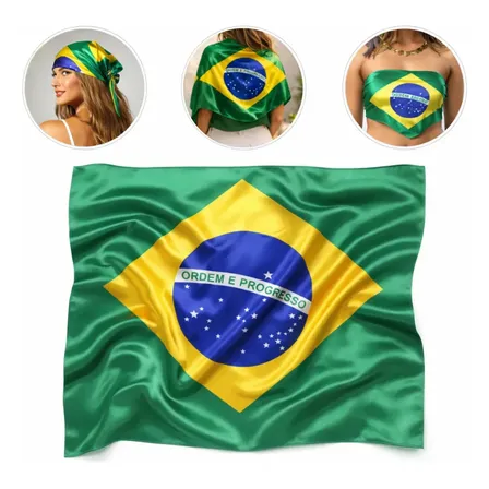 Lenço De Cetim 90x90cm Multiuso Bandeira Brasil Copa Bandana Verde Amarelo Azul E Branco Bandeira Do Brasil 90x90
