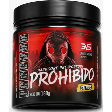 PRÉ TREINO PROHIBIDO 180g Sabor Citrus - Fórmula Avançada contendo Creatina, Beta Alanina, Taurina, L-tirosina, L-alanina, Cafeína, Arginina e Palatinose - Extra Forte